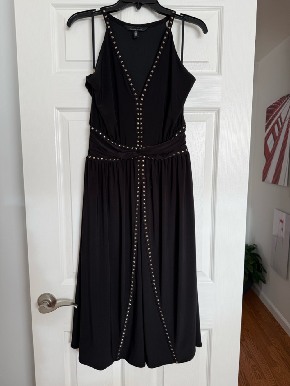 Black Stud-Trim Sleeveless V-Neck Dress